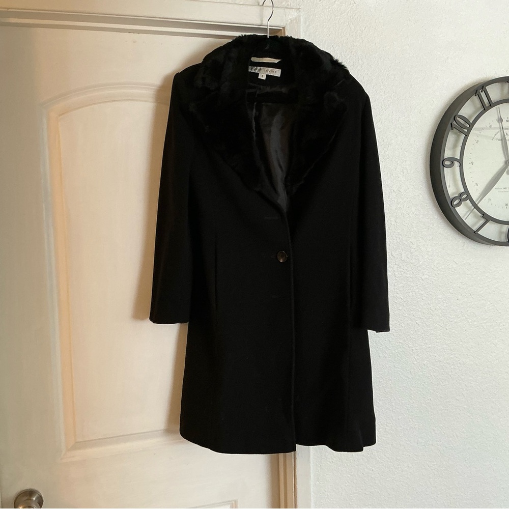 Larry Levine Black Coat with Rex Rabbit Fur Collar